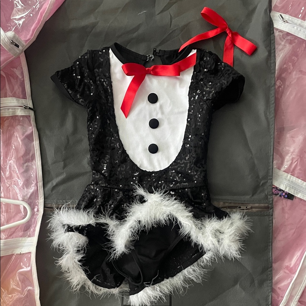 Sparkling Penguin Dance Costume with Red Bow and Fuzzy Detail